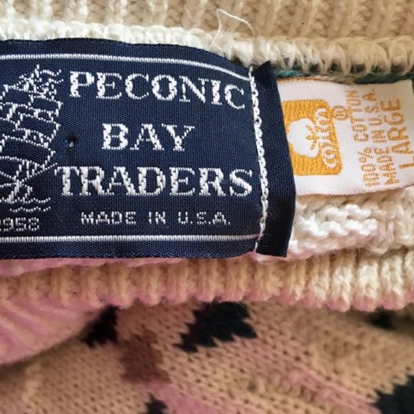 Peconic Bay Traders Sweater Vintage 1980s Cotton Ivory Teal Large - Picture 4 of 4